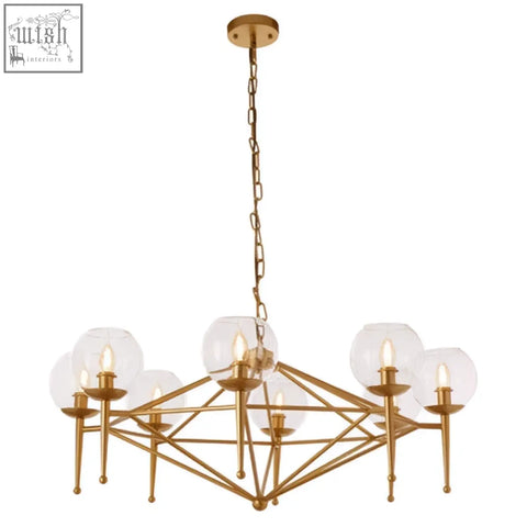 Abira gold 8 arm geo pendant lamp with gold-toned geometric frame and clear glass globe shades arm geo pendant