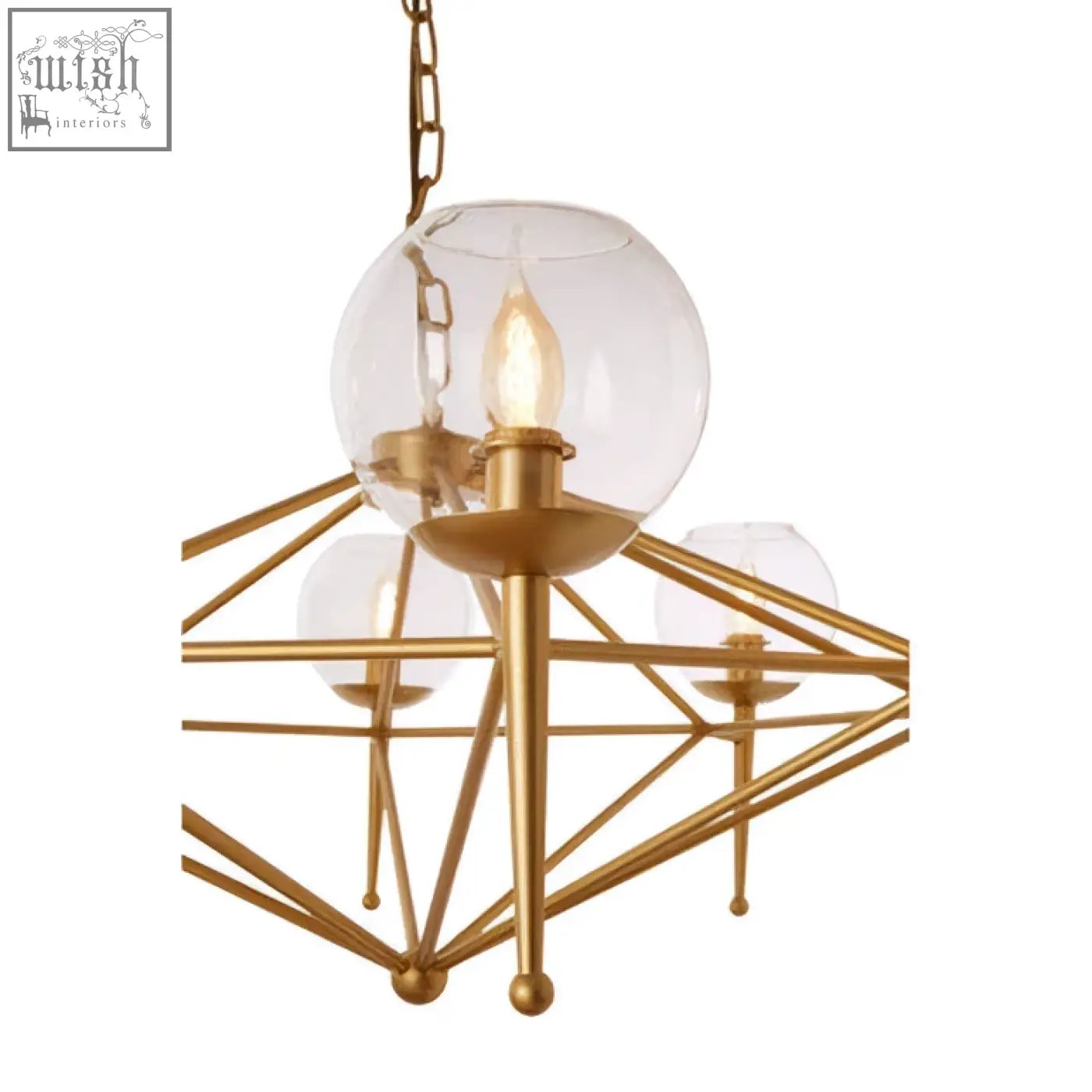 Abira gold 8 arm geo pendant lamp with gold-toned geometric frame clear glass globes and exposed filament bulbs
