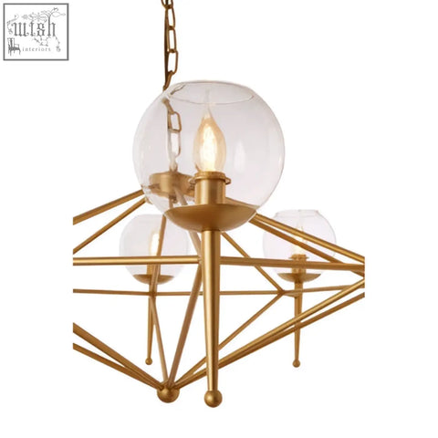 Abira gold 8 arm geo pendant lamp with gold-toned geometric frame clear glass globes and exposed filament bulbs