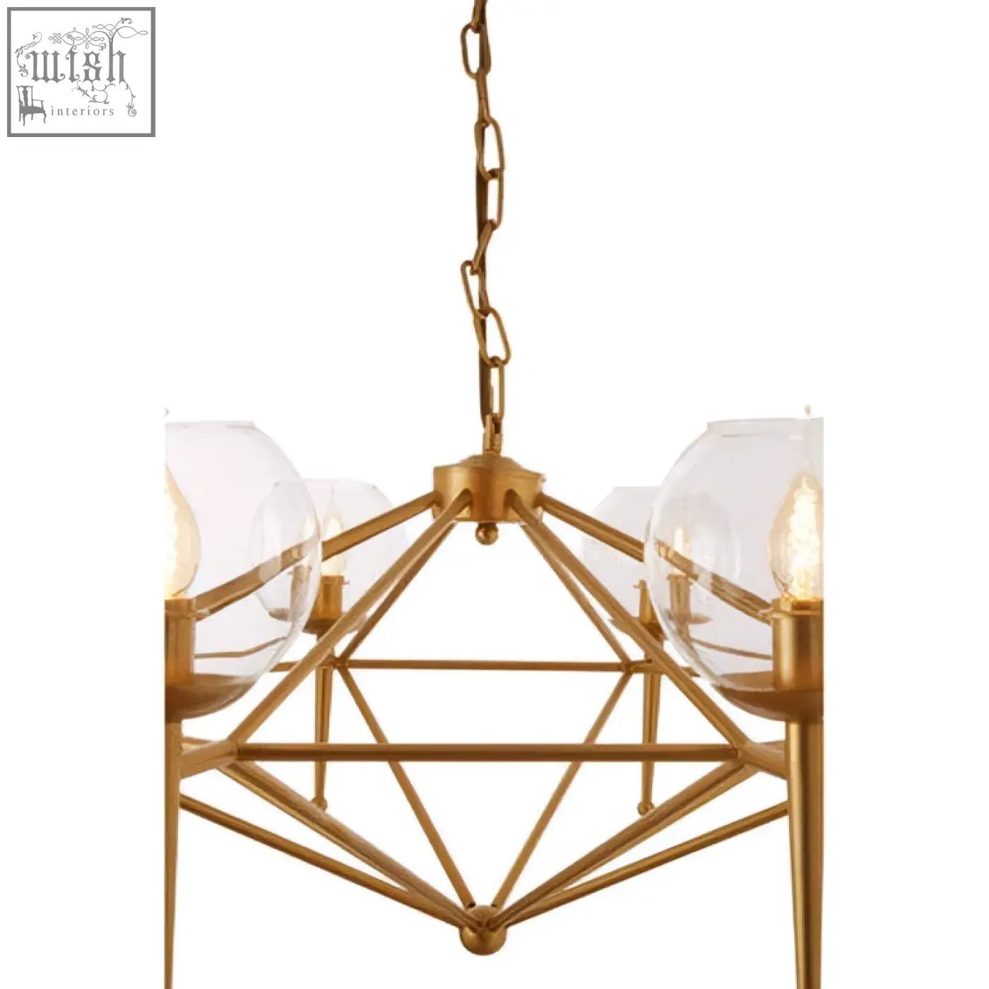 Abira gold 8 arm geo pendant lamp with gold-toned geometric frame and clear glass globe shades arm geo pendant