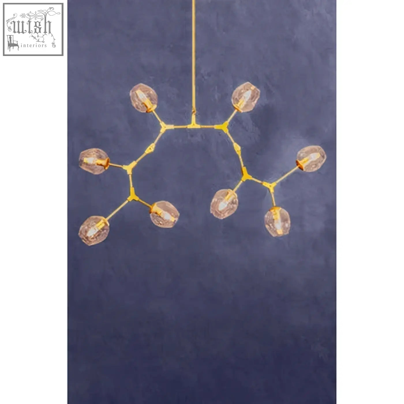 Golden branch-style abira light gold pendant lamp with 8 arms and faceted amber glass orbs in light gold finish