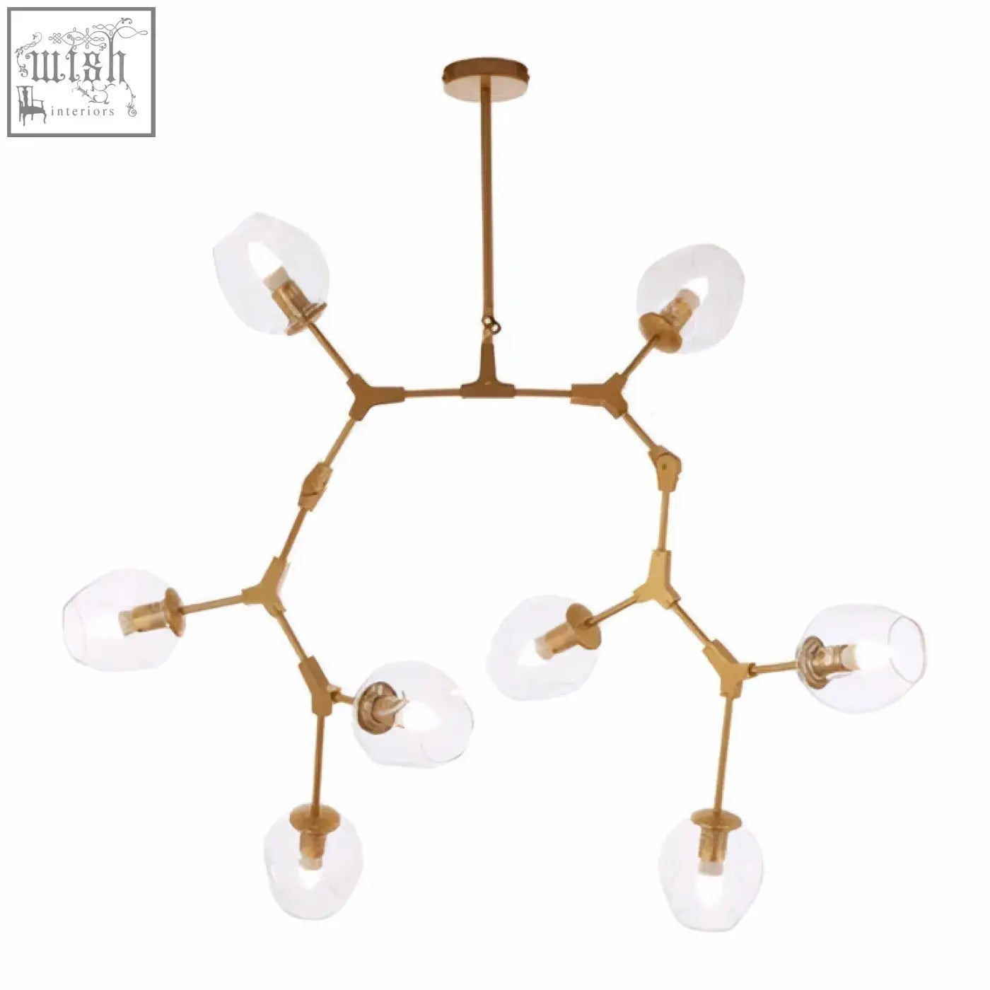 Abira light gold 8 arm pendant lamp with gold-toned frame and clear glass globe shades in light gold finish
