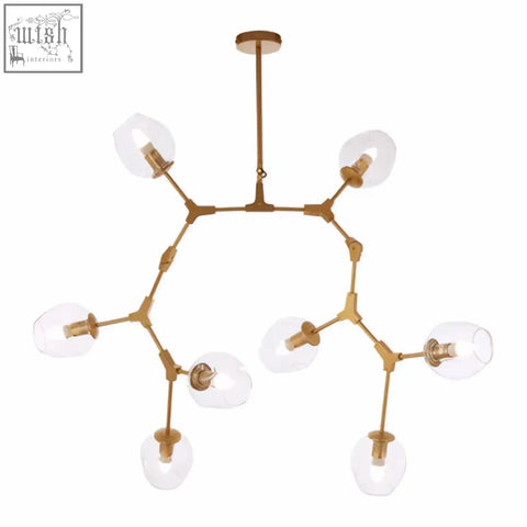 Abira light gold 8 arm pendant lamp with gold-toned frame and clear glass globe shades in light gold finish