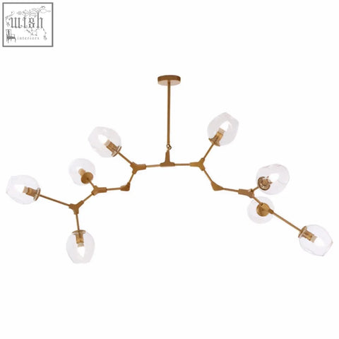 Abira light gold 8 arm pendant lamp with gold-toned frame and clear glass globe shades for elegant lighting