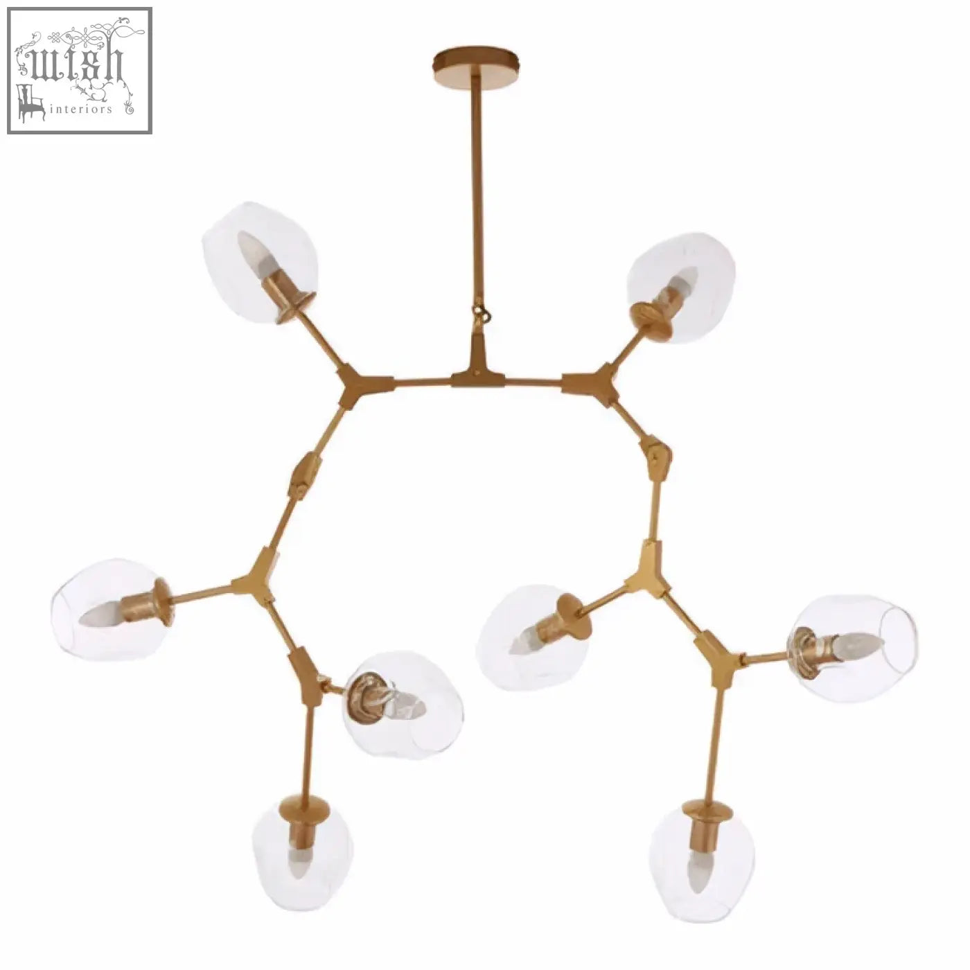 Abira light gold 8 arm pendant lamp with gold-toned frame and clear glass globe shades for stylish lighting