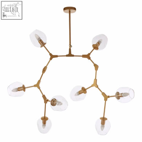 Abira light gold 8 arm pendant lamp with gold-toned frame and clear glass globe shades for stylish lighting