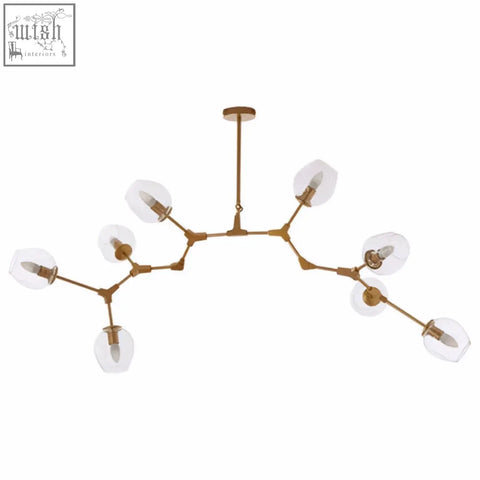 Abira light gold 8 arm pendant lamp with gold-toned frame and clear glass globe shades light gold pendant lamp
