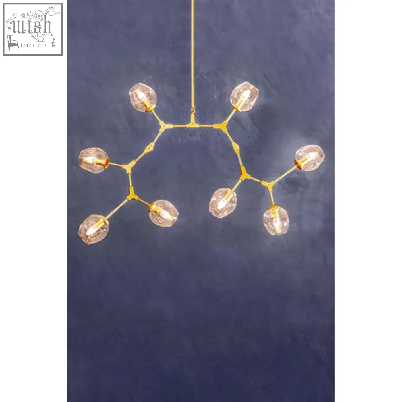 Abira light gold 8 arm pendant lamp with gold-toned chandelier and faceted crystal bulbs in tree-like design