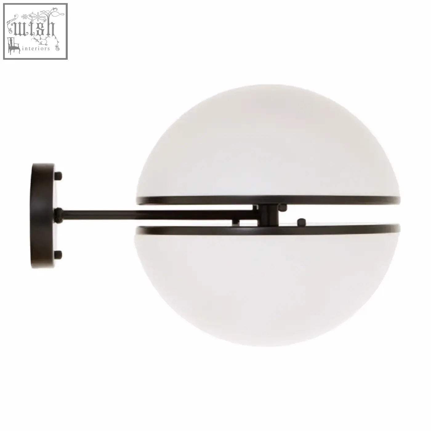 Abira matt black ball wall light featuring a black metal sconce with frosted white spherical glass shade