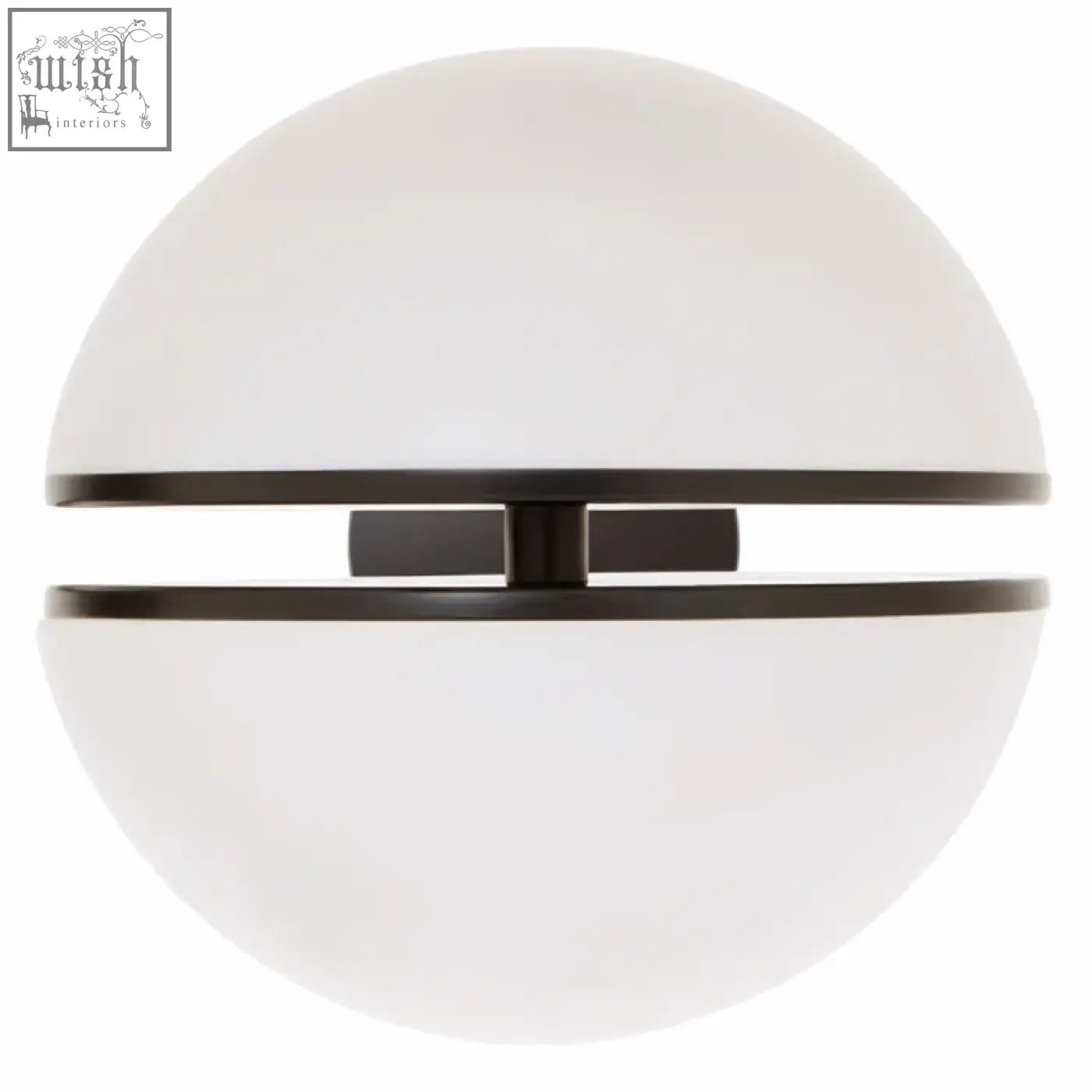 Abira matt black ball wall light with a sleek white glass sphere and minimalist black metal band accent