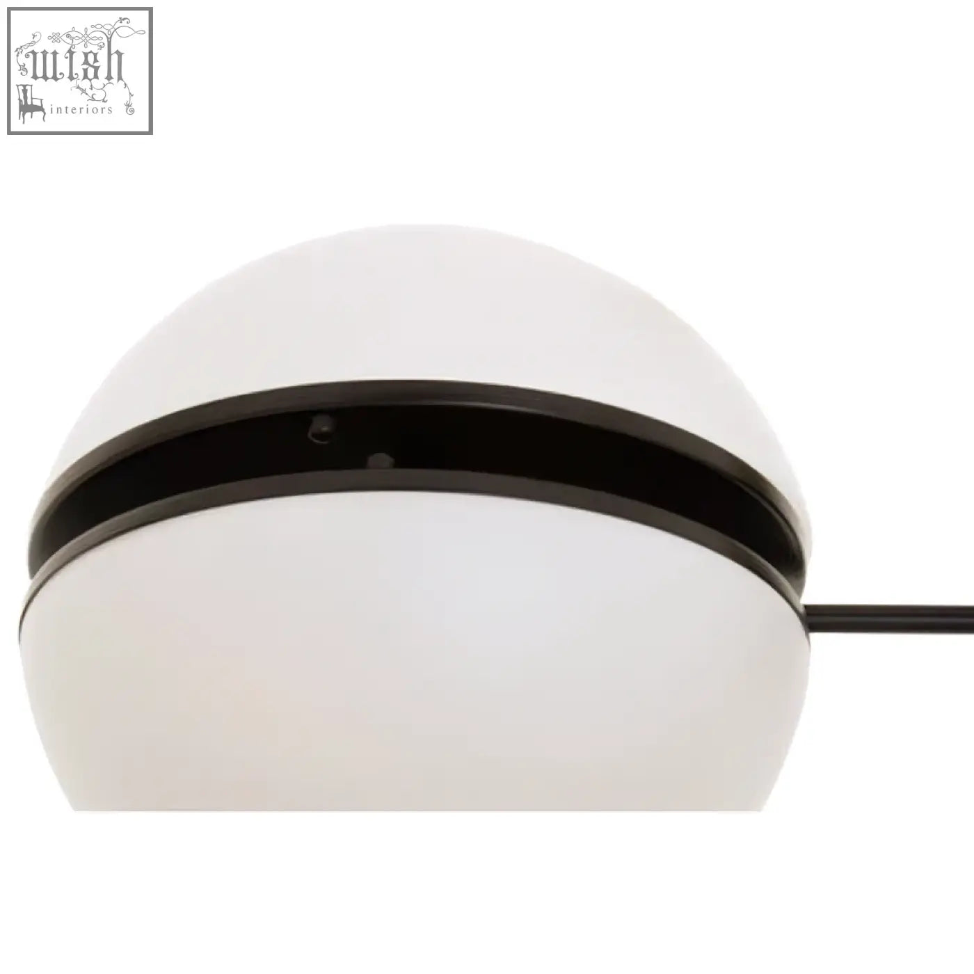 Abira matt black ball wall light with a white opaline glass globe and sleek black metal band in the center