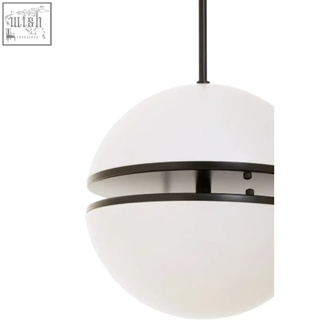 Abira matt black pendant light with frosted white glass shade and two horizontal black metal bands sleek modern matt black pendant