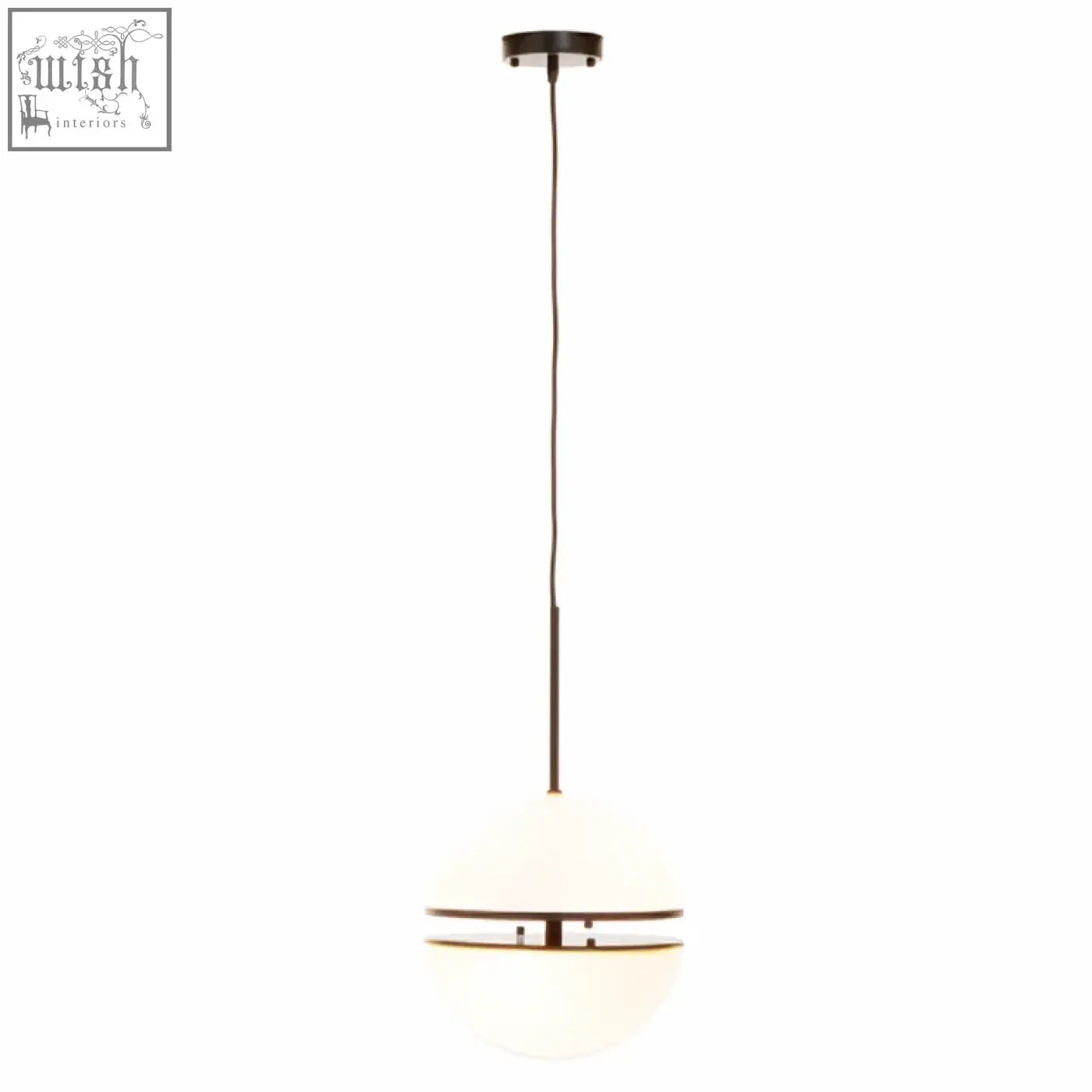 Abira matt black pendant light with a sleek frosted glass globe and two thin metallic bands as a stylish black pendant light