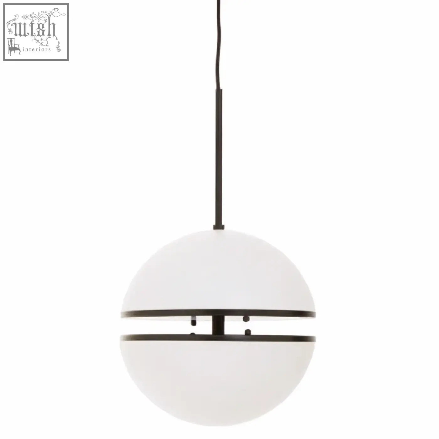 A sleek white spherical matt black pendant light with two horizontal black metal bands encircling its midsection