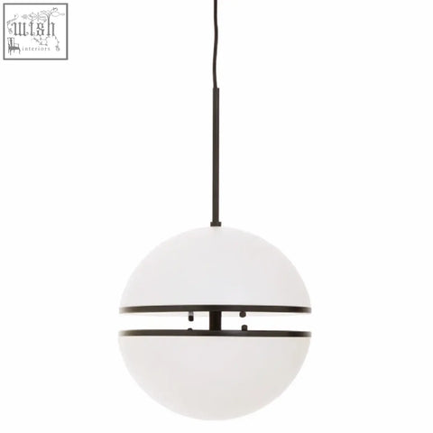 A sleek white spherical matt black pendant light with two horizontal black metal bands encircling its midsection