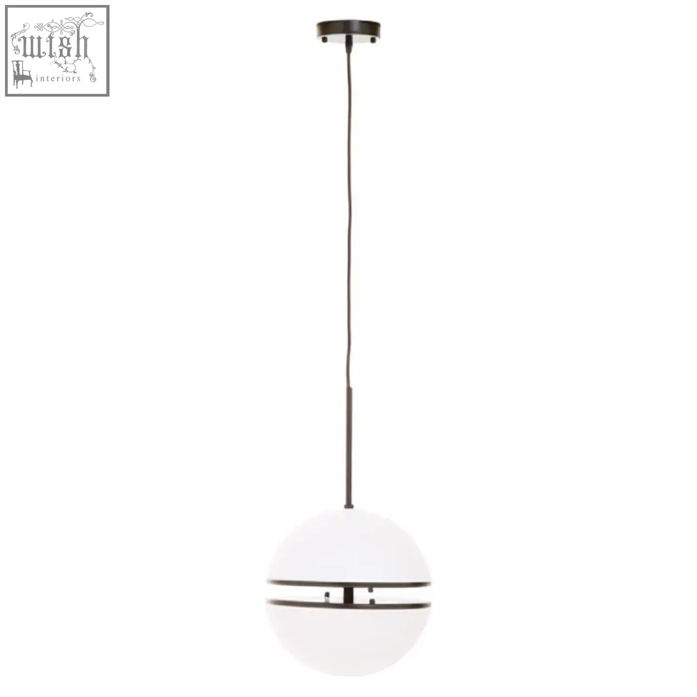 Abira matt black pendant light with white spherical shade and two black bands sleek modern black pendant light