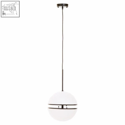 Abira matt black pendant light with white spherical shade and two black bands sleek modern black pendant light