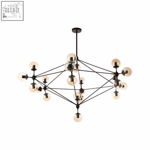 Black metal chandelier with frosted glass globes in a geometric web design abira matte black 21 arm pendant lamp