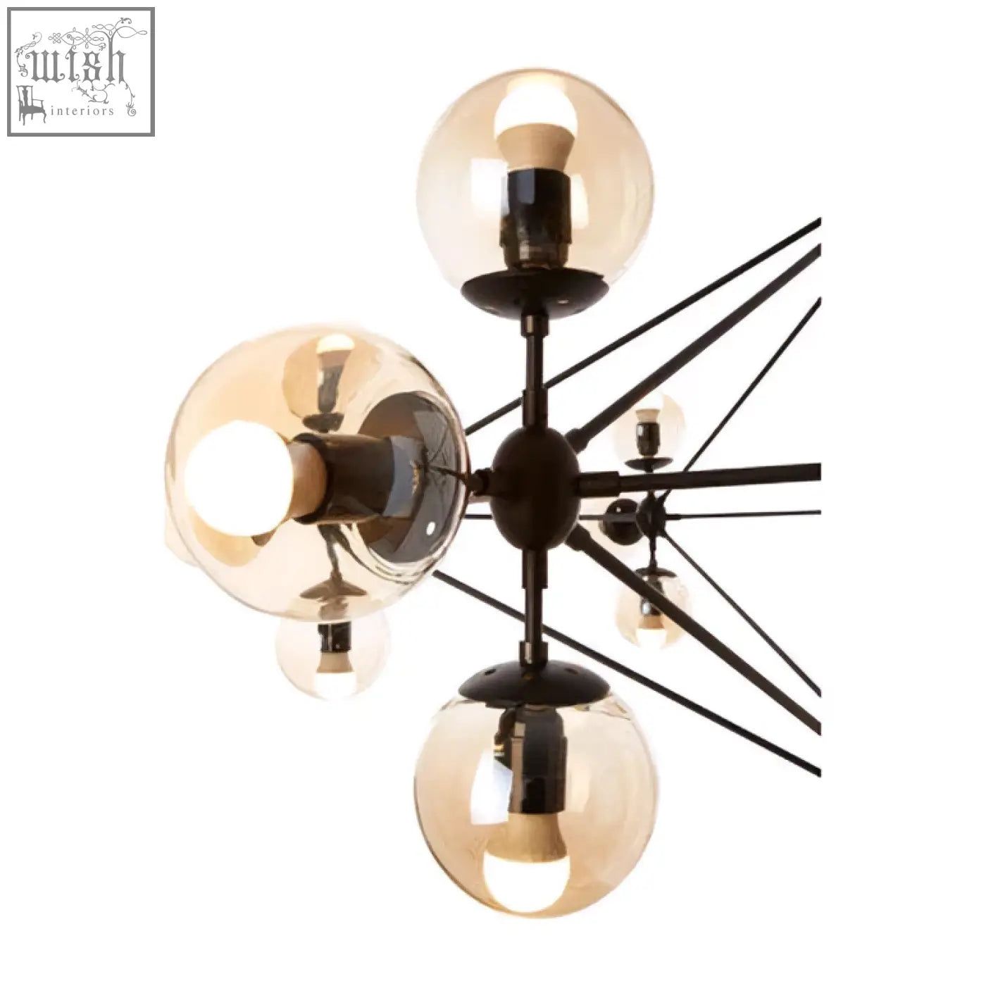 Abira matte black pendant lamp featuring black metal frame with five amber glass globe shades in matte black finish