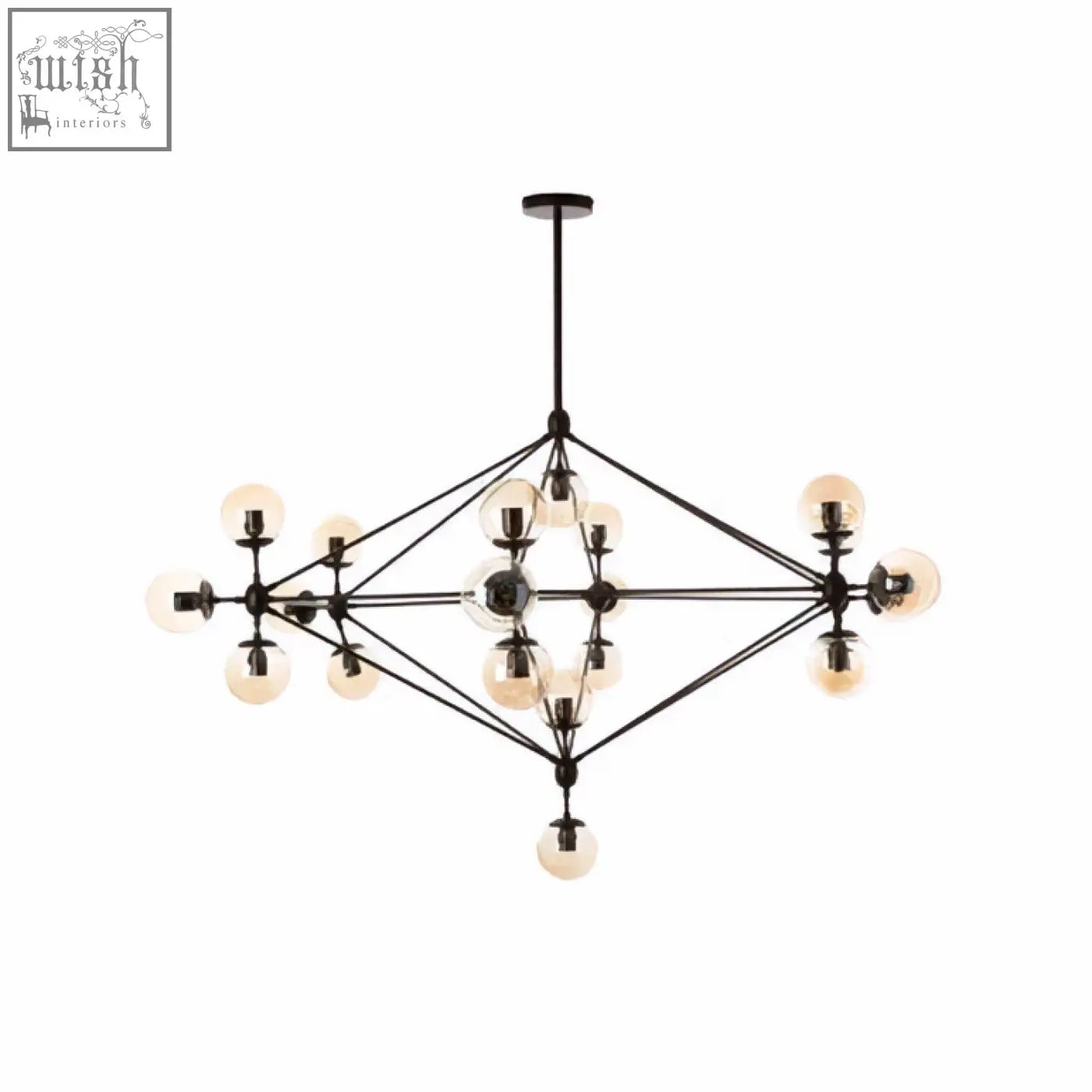 Abira matte black 21 arm pendant lamp with black metal frame and spherical glass bulbs in a diamond pattern