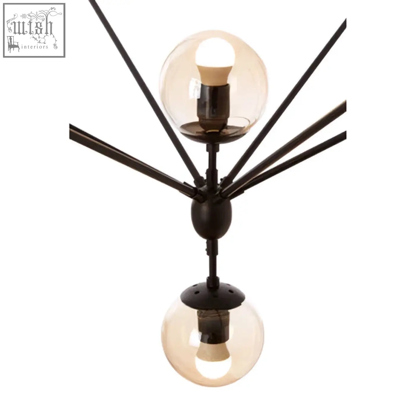 Abira matte black 21 arm pendant lamp with black metal frame and two spherical glass globes housing lit bulbs