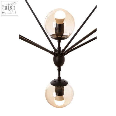 Abira matte black 21 arm pendant lamp with black metal frame and two spherical glass globes housing lit bulbs