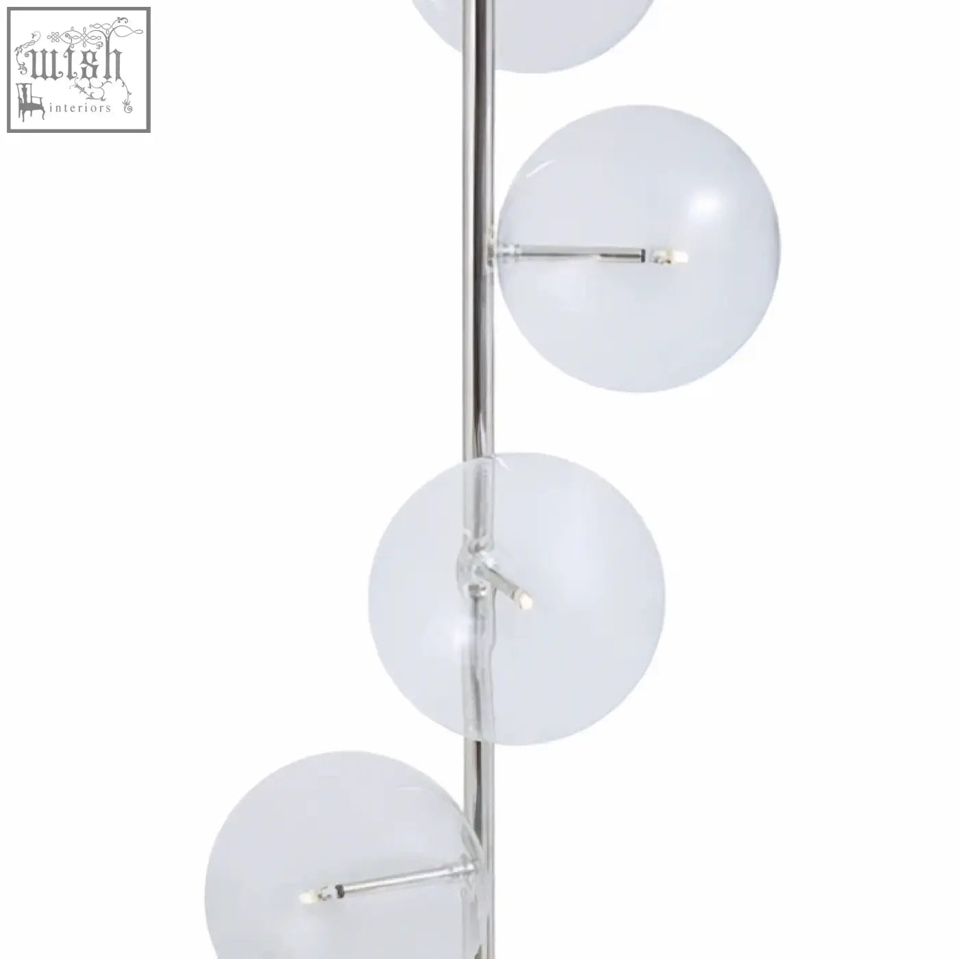 Modern chrome-finished floor lamp with four glass globes and a black marble base for stylish home lighting