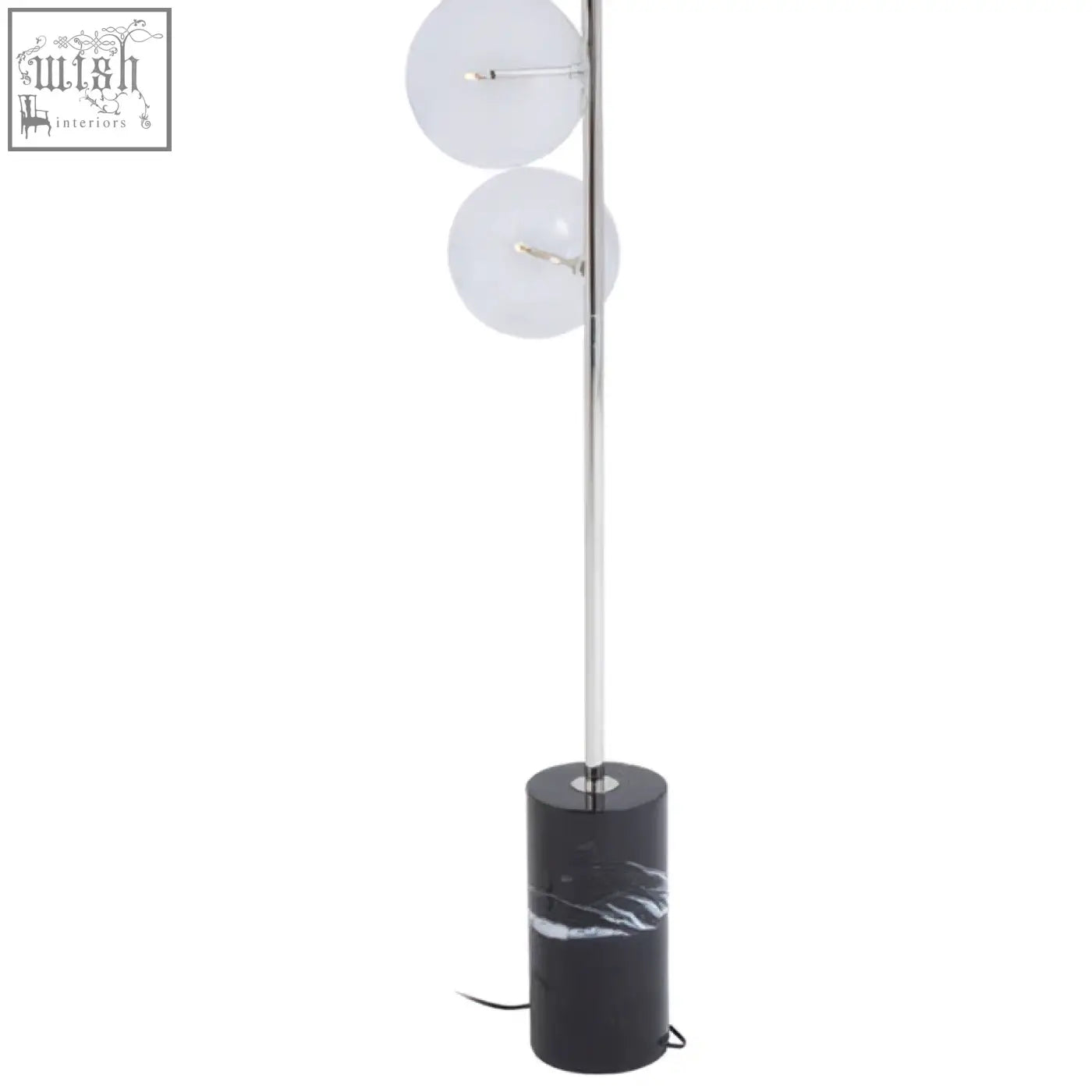 Abira nickel and black marble floor lamp with sleek chrome pole, two frosted glass globes, and black marble base
