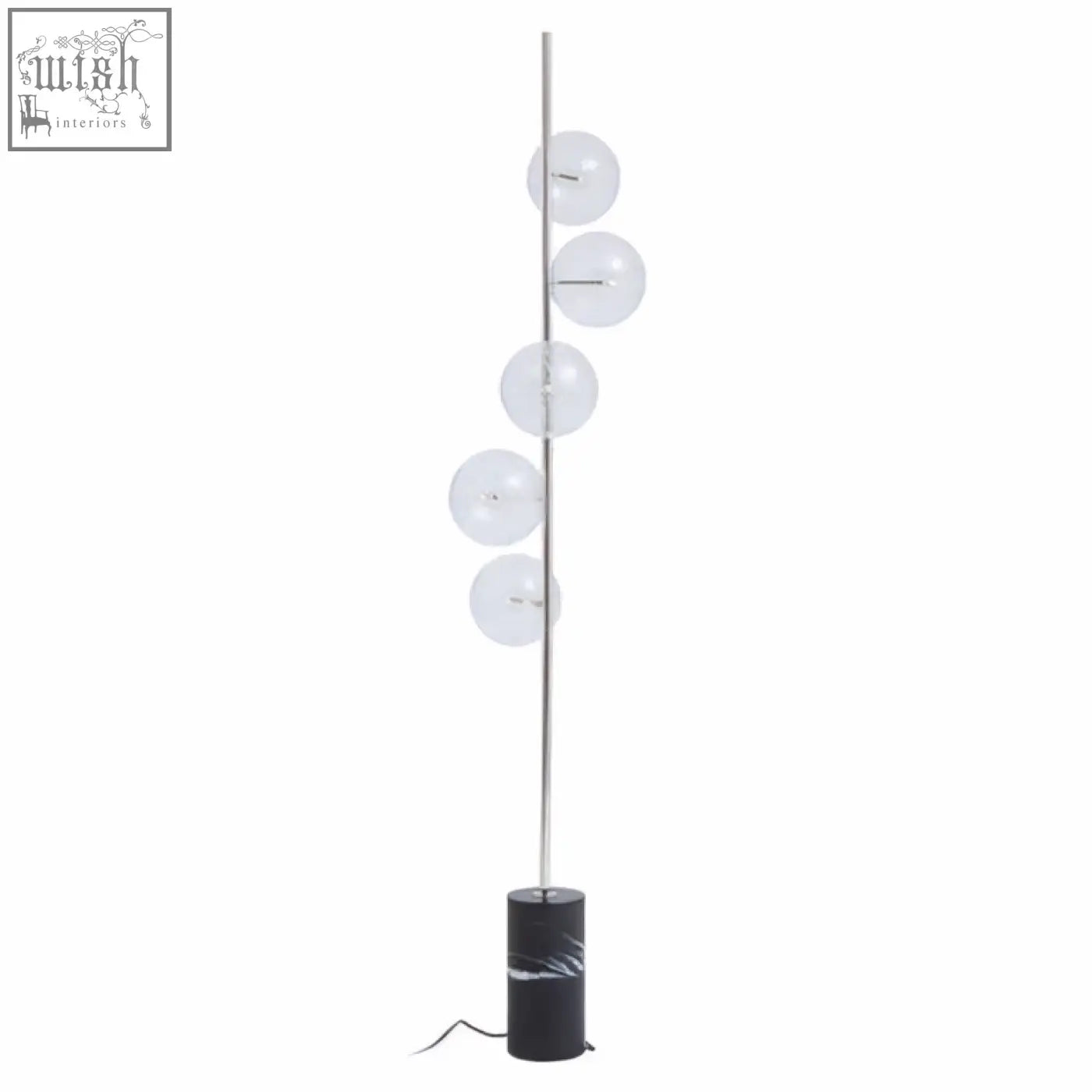 Modern abira nickel floor lamp with slender chrome pole and five glass spheres on a black marble base