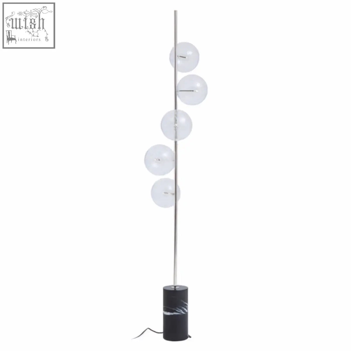 Modern abira nickel floor lamp with slender chrome pole and five glass spheres on a black marble base
