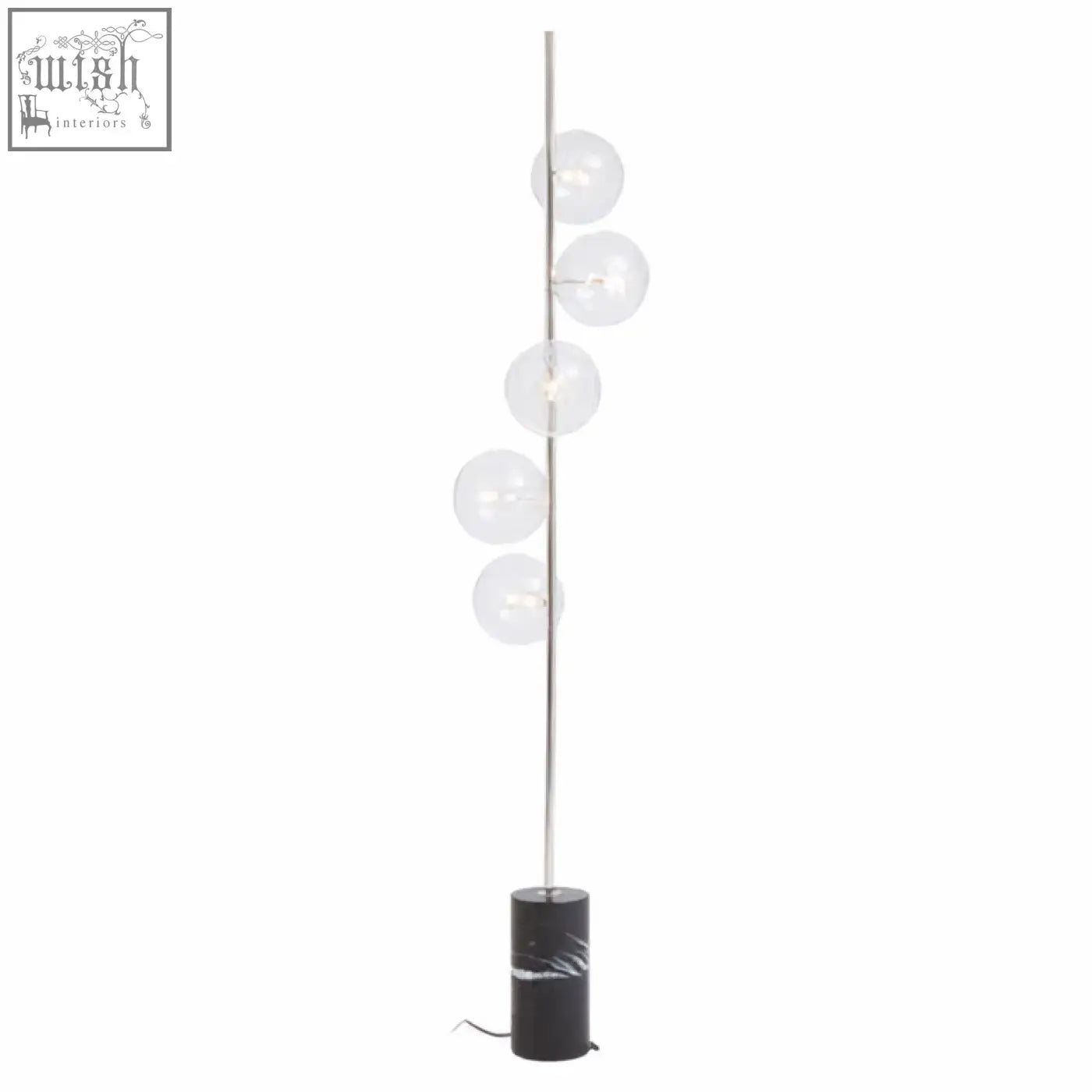 Abira nickel and black marble floor lamp with slender pole and five glass globes on a black marble base