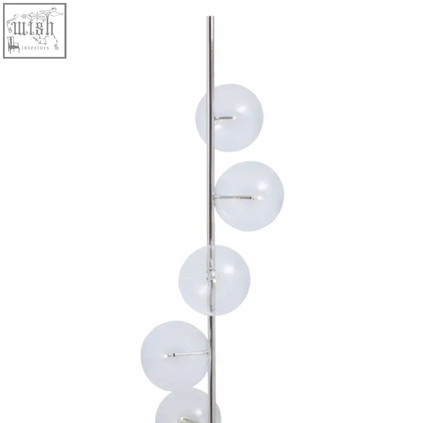 A sleek abira floor lamp with chrome finish, five glass globes, and a black marble base for stylish lighting