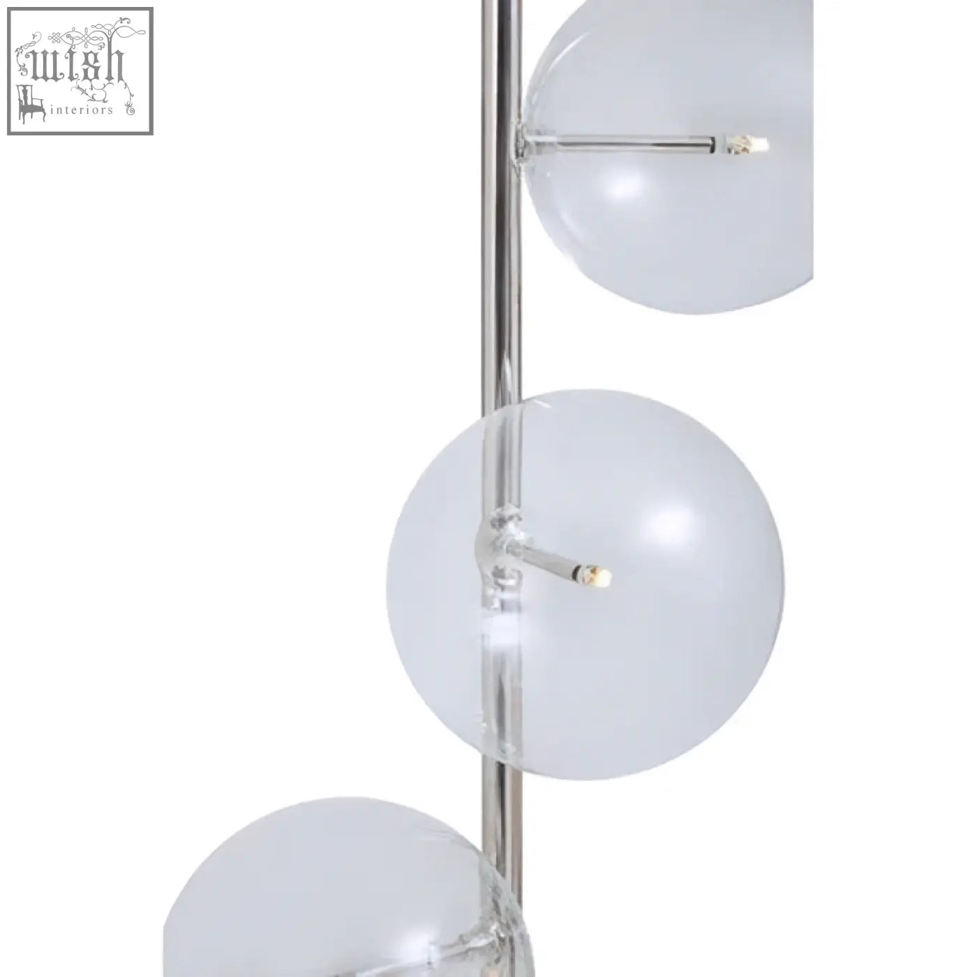 Chrome finished marble floor lamp with white marble base and three translucent white spherical shades vertically arranged