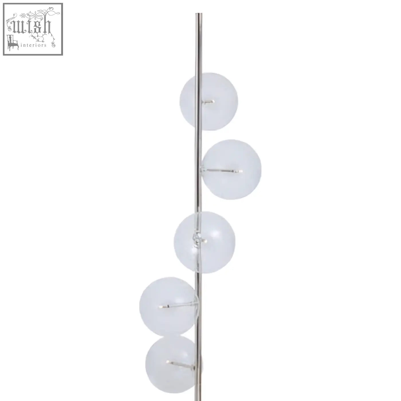 Modern chrome floor lamp with five frosted globes and a white marble base perfect as a marble floor lamp