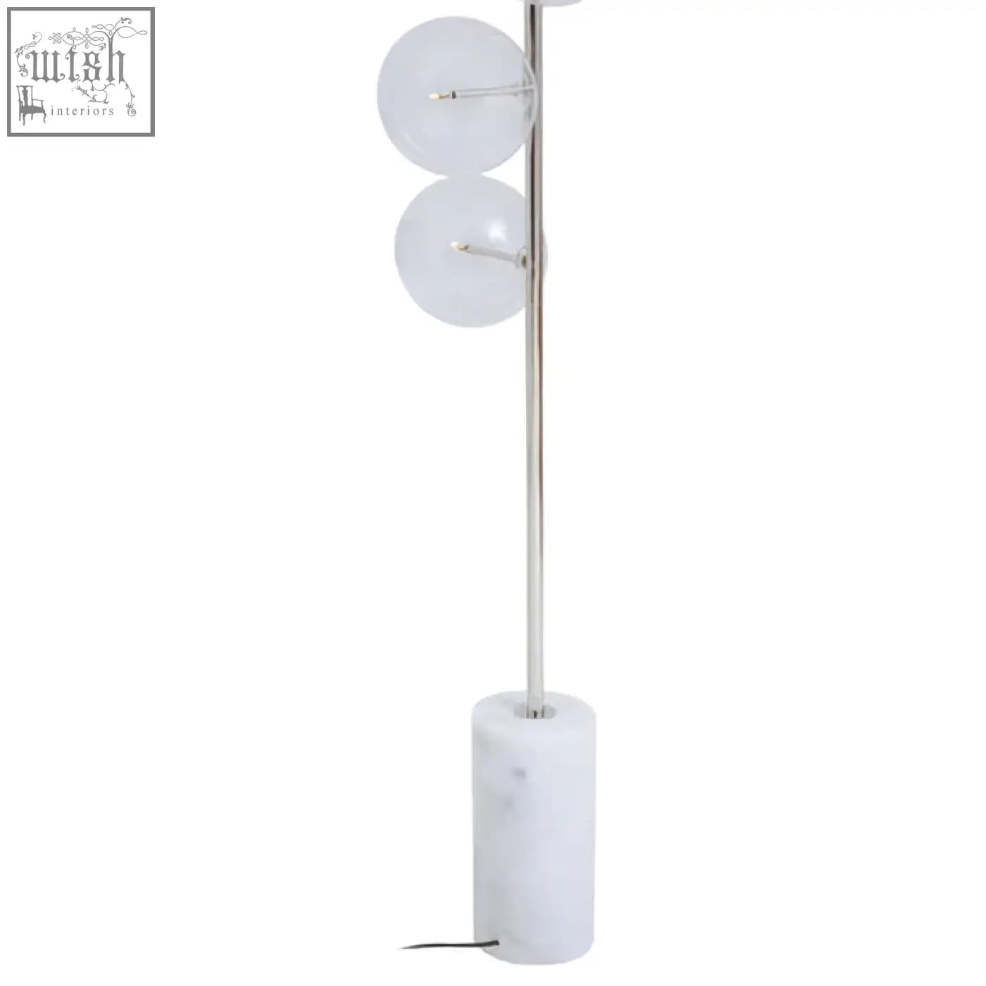 Modern abira nickel floor lamp with sleek chrome pole, two frosted glass shades, and a white marble base