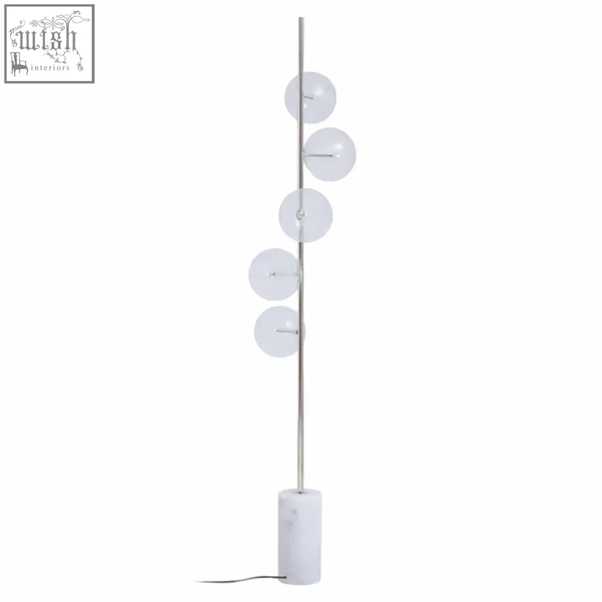 Abira nickel and white marble floor lamp with a slender chrome pole and white marble base with five glass spheres