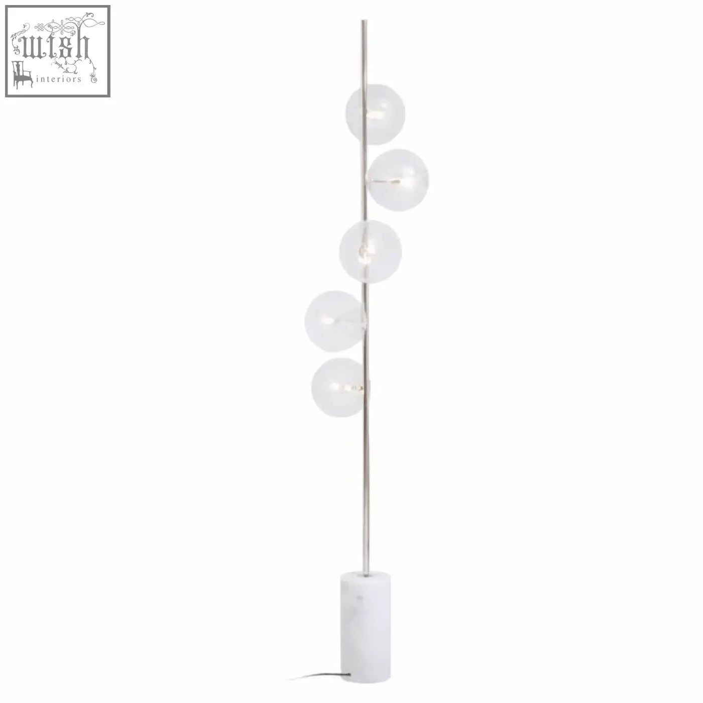 Abira nickel and white marble floor lamp with slender pole five clear glass globes and white marble base