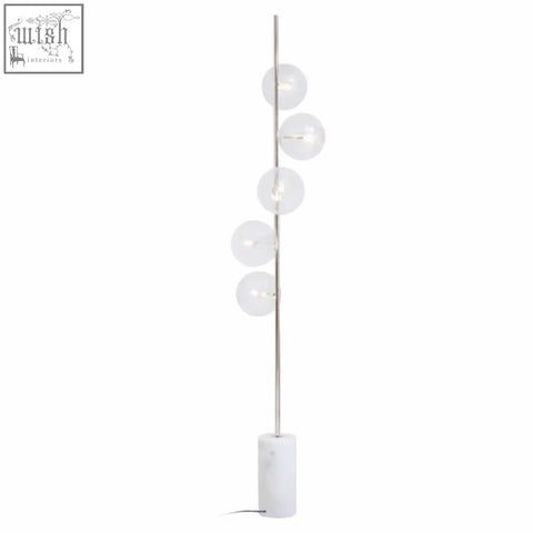 Abira nickel and white marble floor lamp with slender pole five clear glass globes and white marble base
