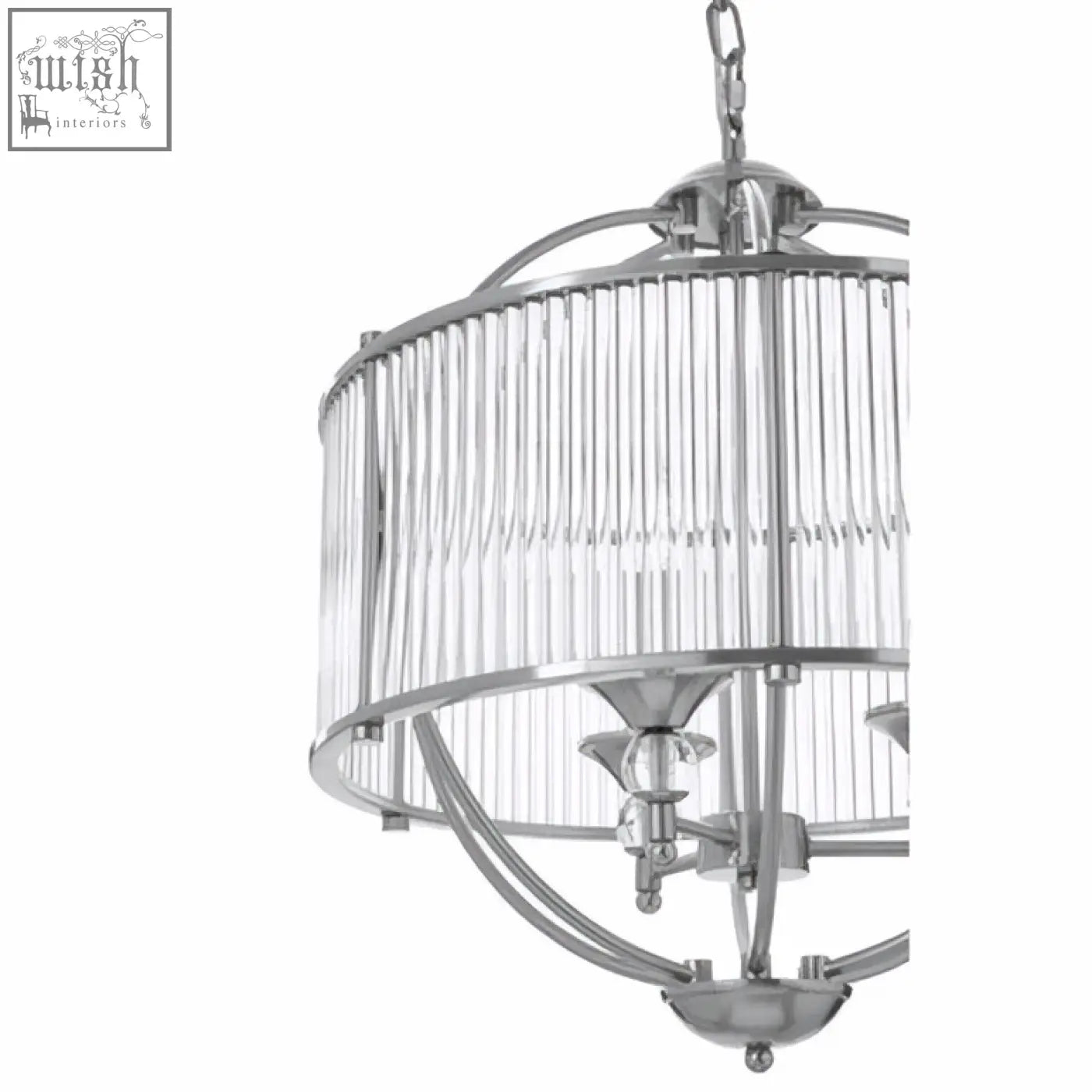 Chrome finished abira pendant light with vertical glass rods and sleek modern glass shade design