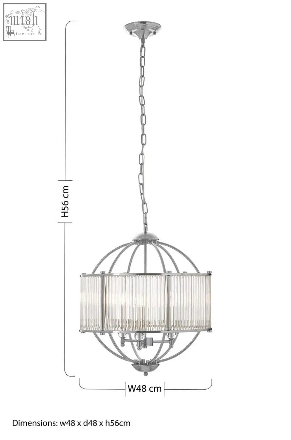 Chrome-finished abira pendant light with spherical design and vertical glass shade rods hanging from a chain suspension