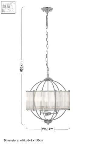 Chrome-finished abira pendant light with spherical design and vertical glass shade rods hanging from a chain suspension