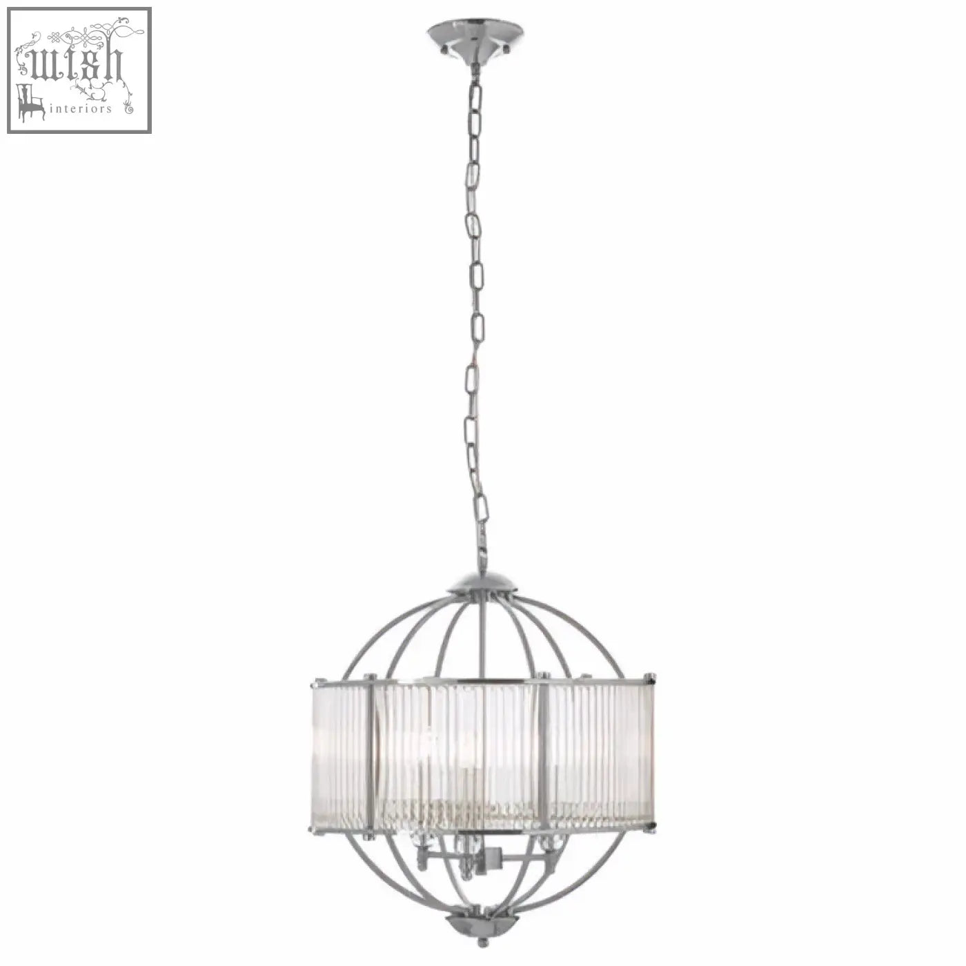 Chrome finished abira pendant light with spherical glass shade, vertical rods, and chain suspension for modern spaces