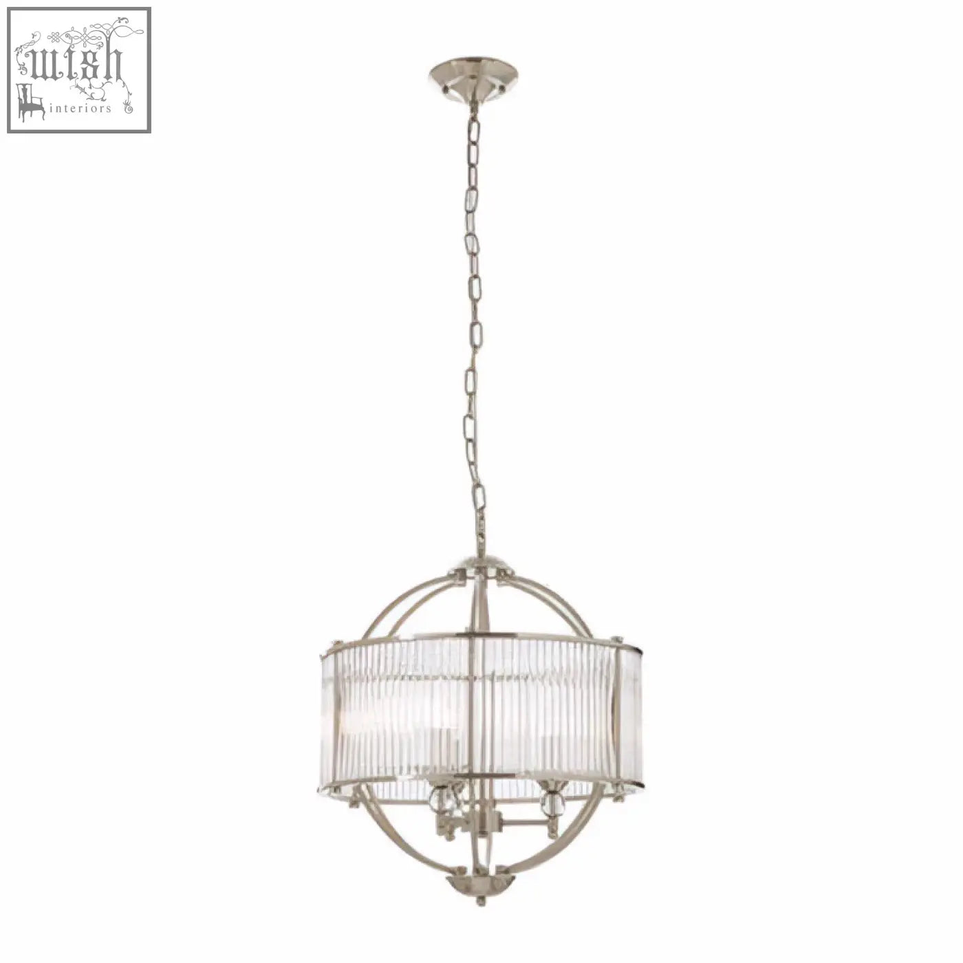 Silver finished abira pendant light with spherical shape and vertical glass rods with chain suspension