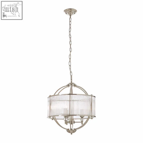 Silver finished abira pendant light with spherical shape and vertical glass rods with chain suspension