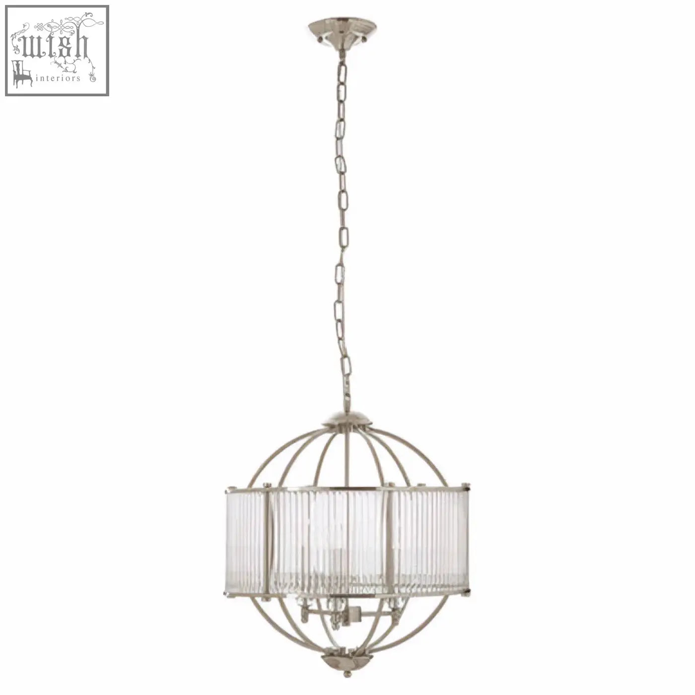 Silver-finished abira pendant light with clear glass rod shade and chain suspension for stylish lighting decor