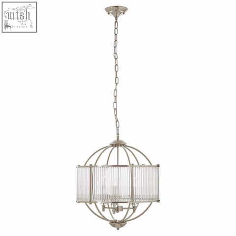 Silver-finished abira pendant light with clear glass rod shade and chain suspension for stylish lighting decor