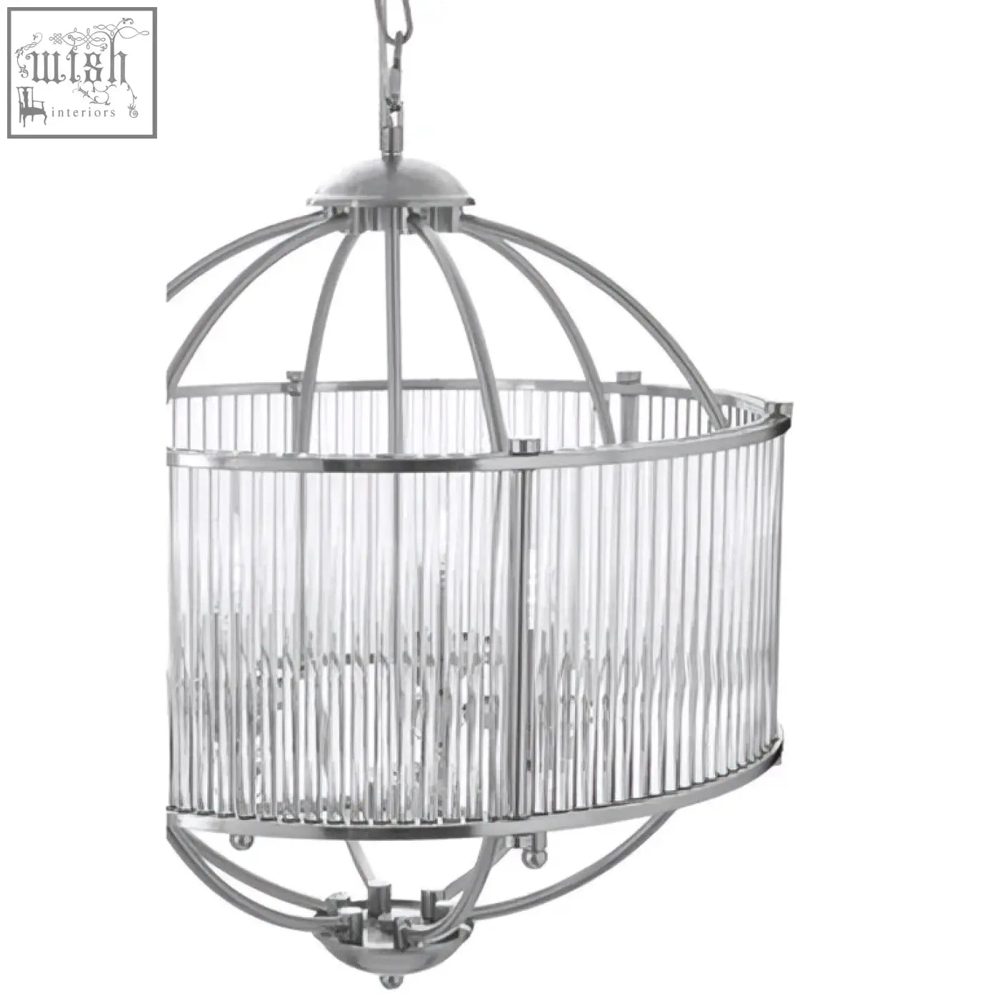 Silver-toned abira pendant light with cage-style polished metal frame and clear glass shade for stylish lighting