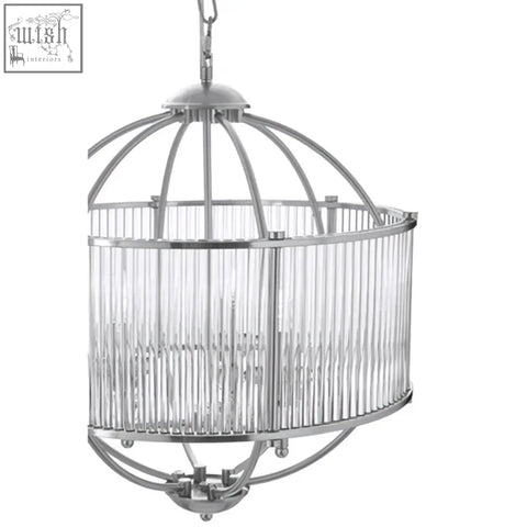 Silver-toned abira pendant light with cage-style polished metal frame and clear glass shade for stylish lighting