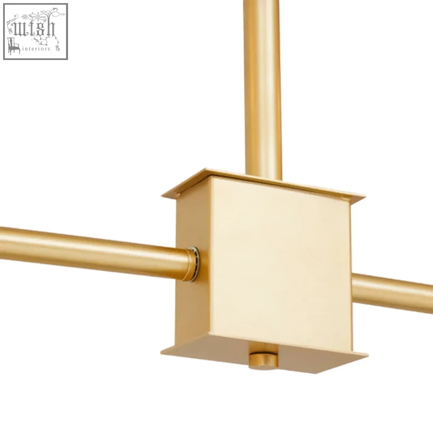 Gold finished brass six arm pendant light with square central fixture and intersecting horizontal bars from Abira