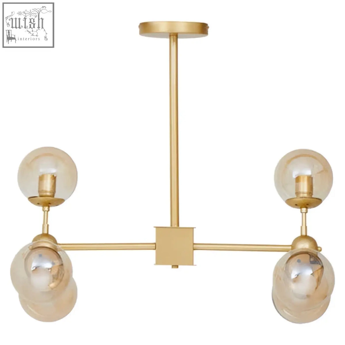 Abira six arm gold finish pendant light with six spherical glass bulbs in a modern gold-toned six arm pendant design